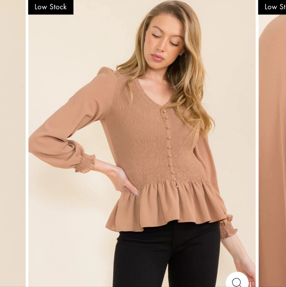 Womens Long Sleeve Smock Peplum Blouse Xs